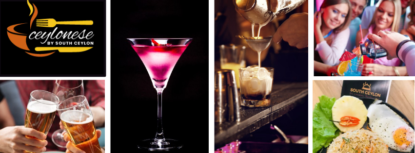 Bar, cocktails and Sri Lankan dishes collage